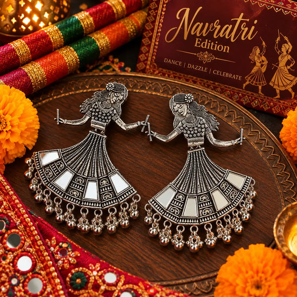 Oxidized German silver mirror work dancing woman dangler earrings for women, featuring intricate traditional design and festive Navratri styling.