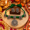 Peacock design oxidised necklace set with green thread, matching earrings and pendant for women