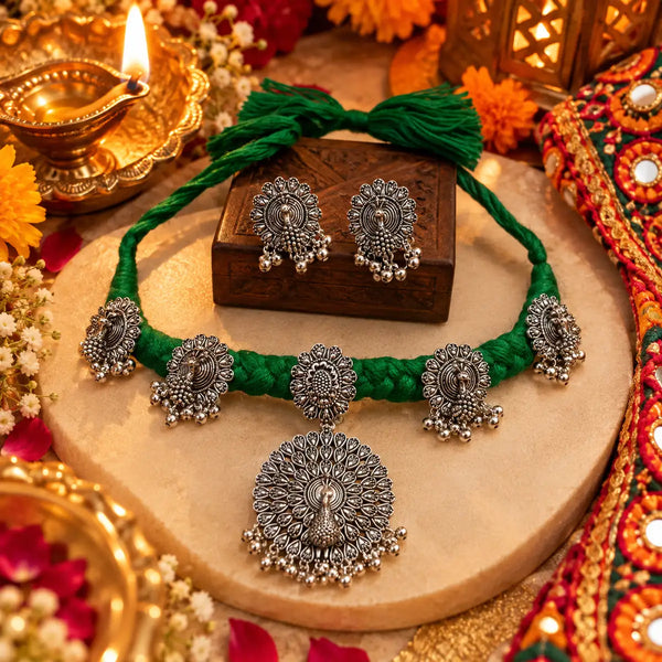 Peacock design oxidised necklace set with green thread, matching earrings and pendant for women