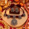 Peacock design oxidised necklace set with green thread, matching earrings and pendant for women