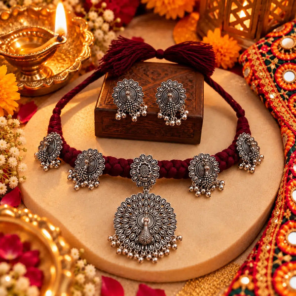 Peacock design oxidised necklace set with green thread, matching earrings and pendant for women