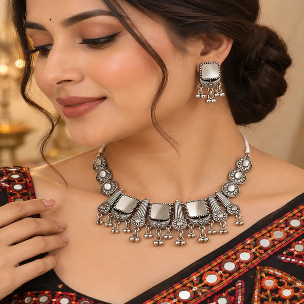 Rajvanshi antique oxidised ghungroo necklace set for women with traditional motifs and matching earrings.