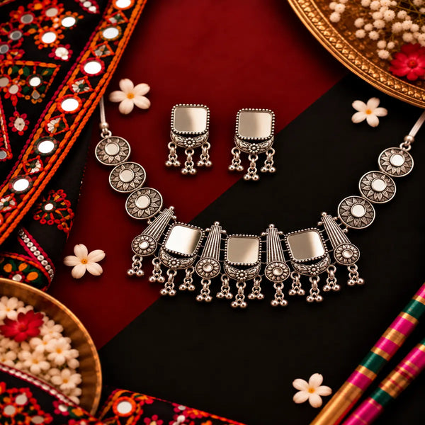 Rajvanshi antique oxidised ghungroo necklace set for women with traditional motifs and matching earrings.