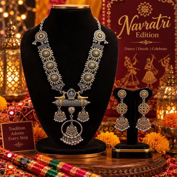 Rajvanshi Mandala alloy oxidised 2-tone fusion necklace set with circular motifs, statement pendant and matching earrings for women