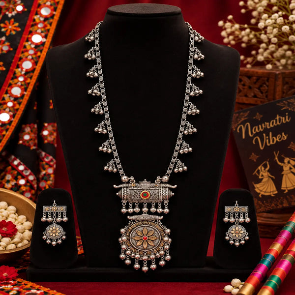 Two tone fusion oxidised Navratri necklace set with intricate antique-inspired pendant, metallic bead detailing and matching statement earrings for women.
