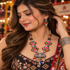 Handmade multicolor fabric thread Navratri necklace set with vibrant geometric motifs, oxidised statement pendant and matching earrings for women.