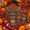 Rangrez Dhara alloy oxidised 2-tone fusion necklace set with mirror work and matching earrings for women