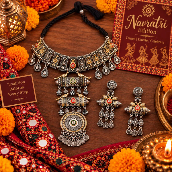 Rangrez Dhara alloy oxidised 2-tone fusion necklace set with mirror work and matching earrings for women
