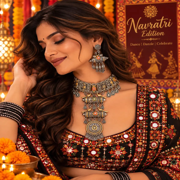 Rangrez Dhara alloy oxidised 2-tone fusion necklace set with mirror work and matching earrings for women