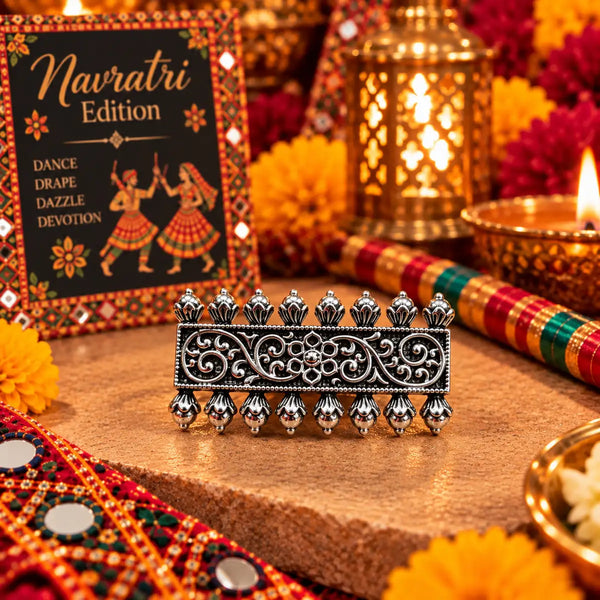 Antique silver oxidised alloy adjustable rectangular filigree statement finger ring for women.