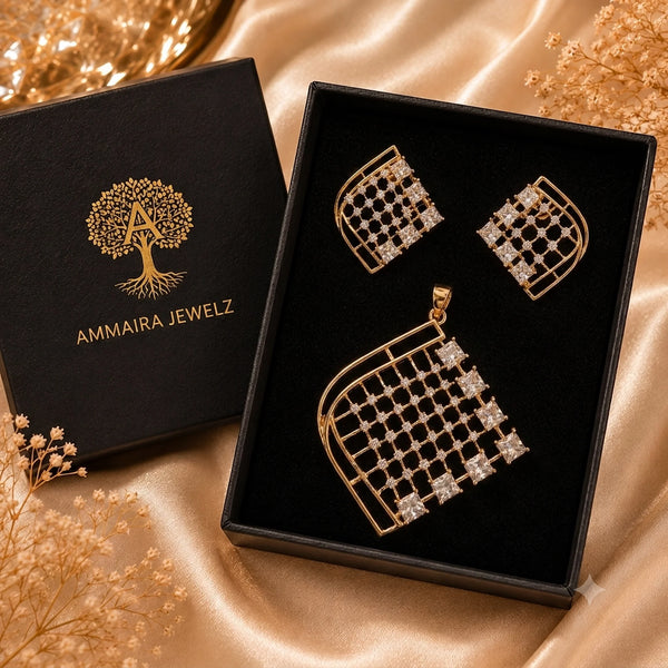 Regal Lattice American Diamond gold polish pendant set with matching earrings for women featuring an elegant geometric lattice design.