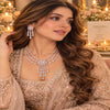 Three-layer Rose Gold Cubic Zirconia necklace set with matching dangling earrings, featuring an oval halo centrepiece and cascading teardrop stone pendant.