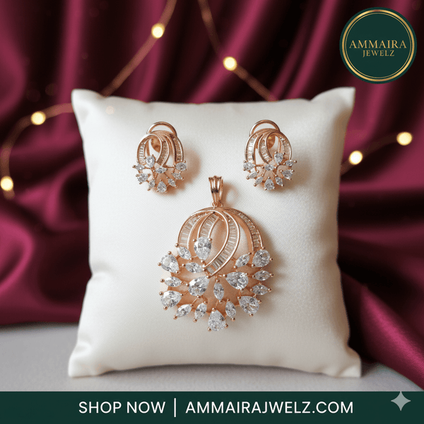 Rose Gold AD Floral Pendant Set Online | Ammaira Jewelz Ammaira Jewelz