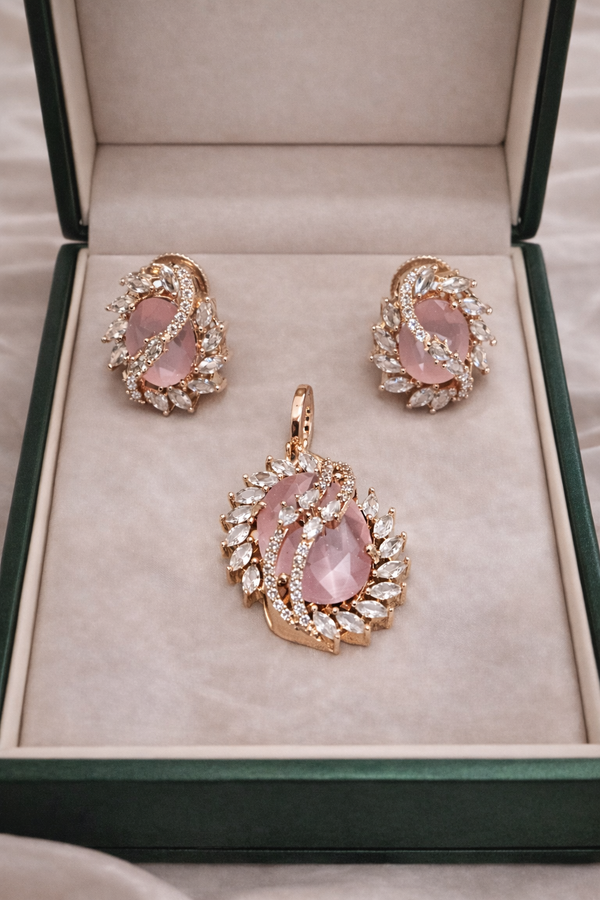 Rose Gold Blush Pink Stone Diamond Pendant & Earrings Set | Ammaira Jewelz