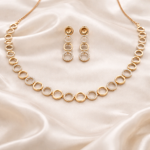 Rose Gold Circular Diamond Necklace & Drop Earrings Set | Ammaira Jewelz