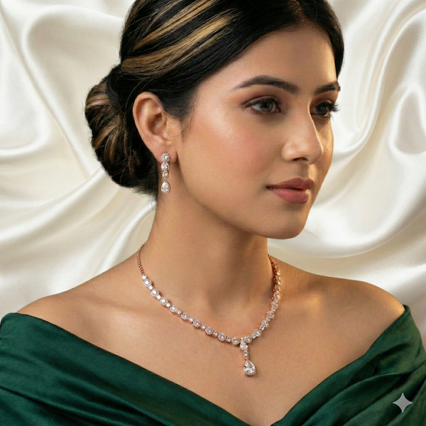 Rose Gold Diamond Necklace with Pear Drop & Matching Earrings | Ammaira Jewelz