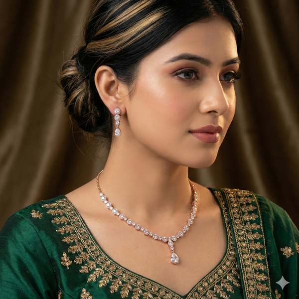 Rose Gold Diamond Necklace with Pear Drop & Matching Earrings | Ammaira Jewelz