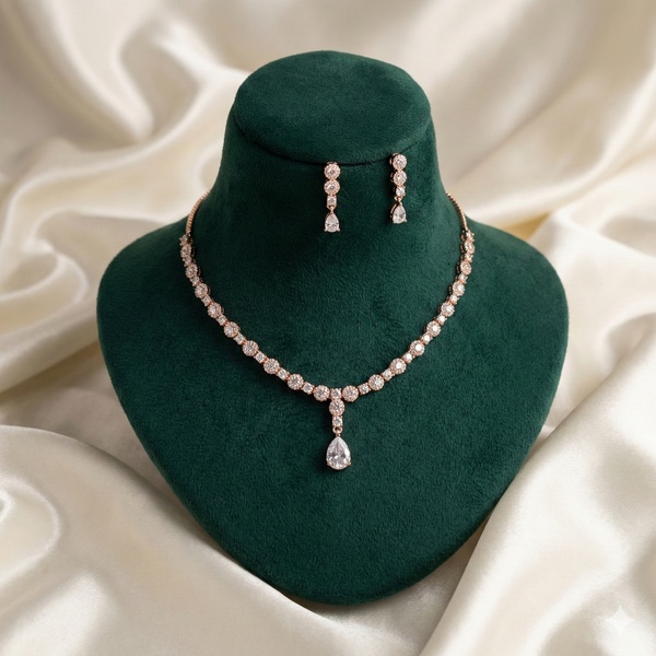 Rose Gold Diamond Necklace with Pear Drop & Matching Earrings | Ammaira Jewelz
