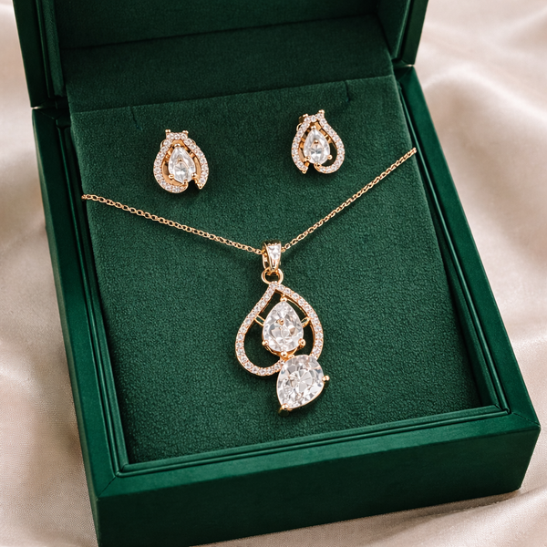 Rose Gold Double Teardrop Crystal Pendant & Earrings Set – Luxury Sparkle Jewelry