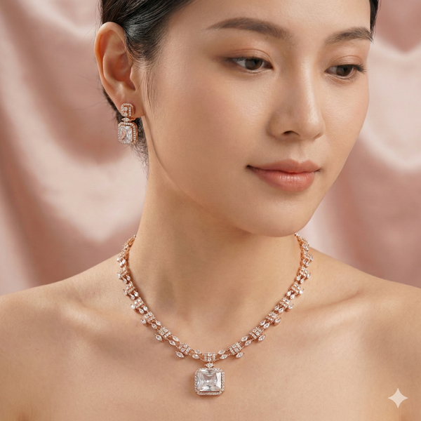 Rose Gold Emerald-Cut Diamond Necklace & Earrings Set | Ammaira Jewelz