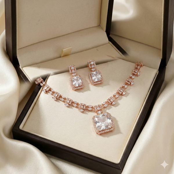 Rose Gold Emerald-Cut Diamond Necklace & Earrings Set | Ammaira Jewelz