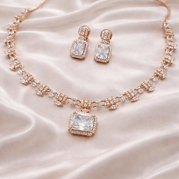 Rose Gold Emerald-Cut Diamond Necklace & Earrings Set | Ammaira Jewelz