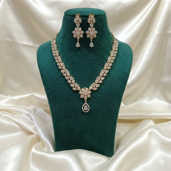 Rose Gold Floral Diamond Necklace & Drop Earrings Set | Ammaira Jewelz