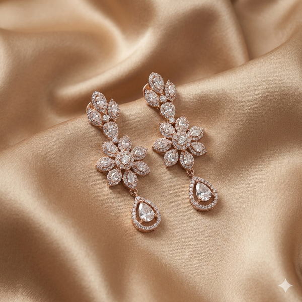 Rose Gold Floral Diamond Necklace & Drop Earrings Set | Ammaira Jewelz