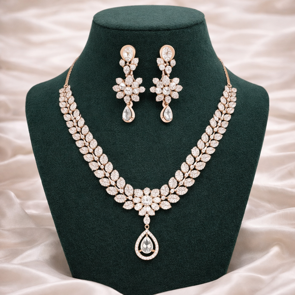 Rose Gold Floral Diamond Necklace & Drop Earrings Set | Ammaira Jewelz