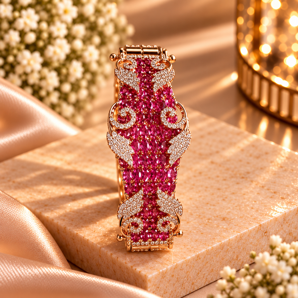 18K rose gold polished premium brass bracelet featuring deep red zirconia stones, clear stone accents and intricate scrollwork detailing.