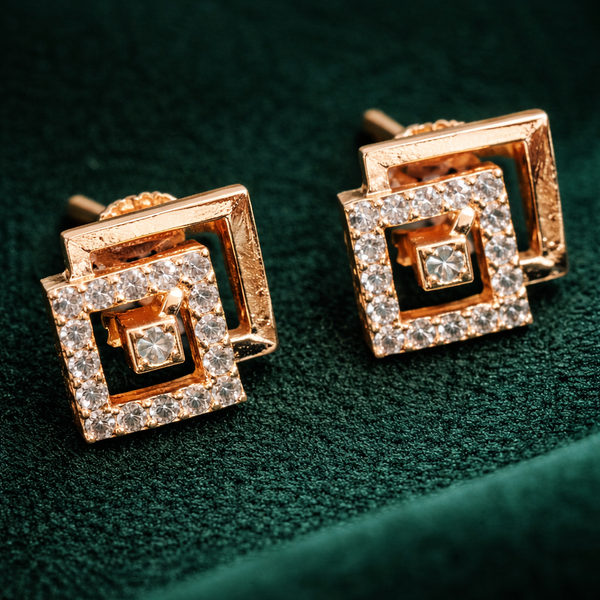 Rose Gold Geometric Crystal Pendant & Stud Earrings Set – Elegant Square Design Jewelry