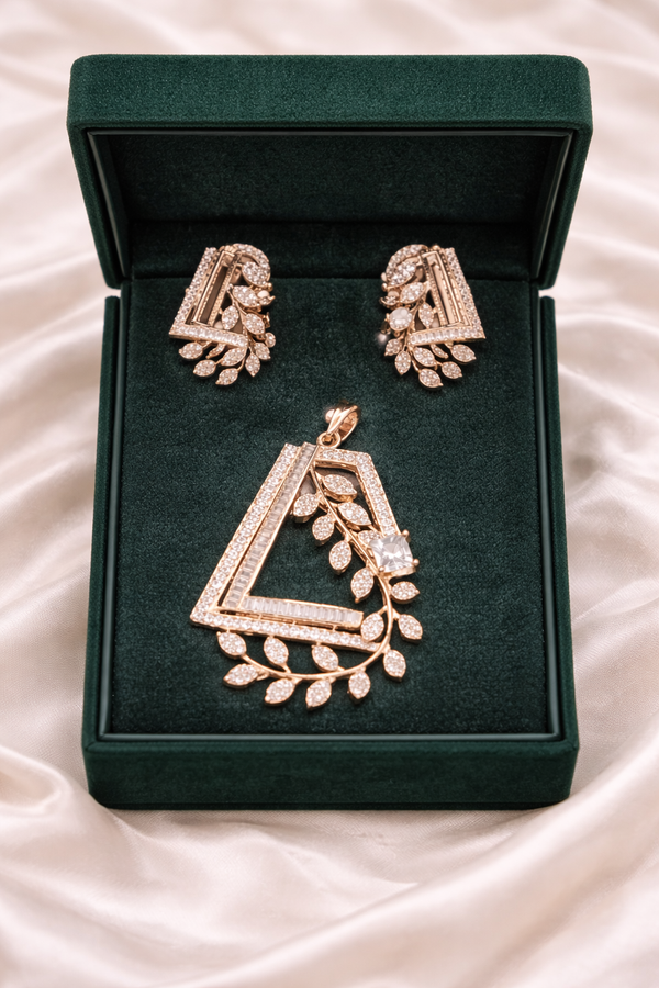 Rose Gold Geometric Floral Diamond Pendant & Earrings Set | Ammaira Jewelz