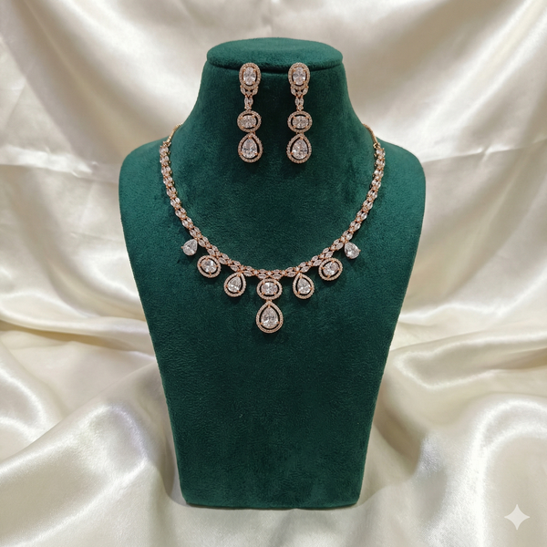 Rose Gold Multi Pear Diamond Necklace & Drop Earrings Set | Ammaira Jewelz
