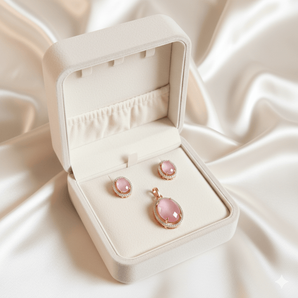 Rose Gold Pink Oval Halo Pendant Set | Ammaira Jewelz Ammaira Jewelz