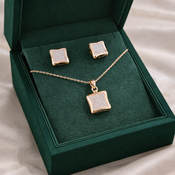 Rose Gold Square Crystal Pendant & Stud Earrings Set – Elegant Sparkle Jewelry