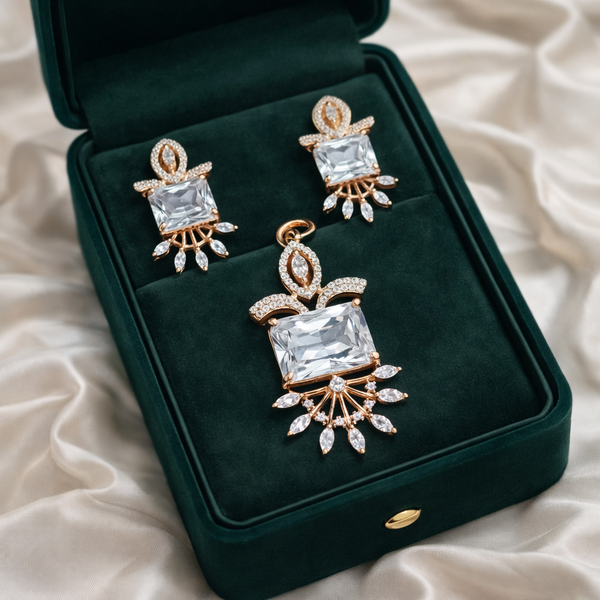 Rose Gold Square Diamond Pendant & Stud Earrings Set | Ammaira Jewelz