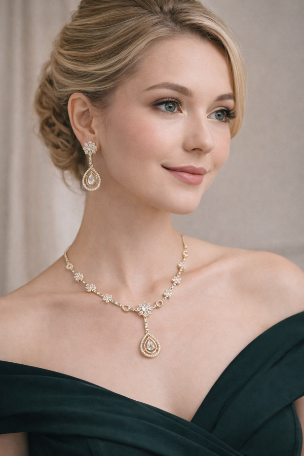 Rose Gold Teardrop Diamond Necklace & Earrings Set | Ammaira Jewelz