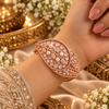 Rose gold premium brass cuff bracelet with coloured zirconia stones, pearl accents and clear stone detailing, available in red, green, champagne and blue variations.