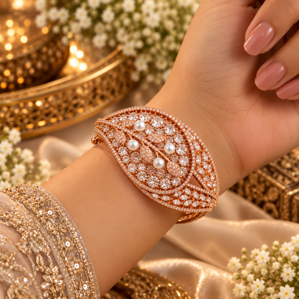 Rose gold premium brass cuff bracelet with coloured zirconia stones, pearl accents and clear stone detailing, available in red, green, champagne and blue variations.