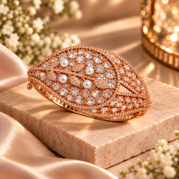 Rose gold premium brass cuff bracelet with coloured zirconia stones, pearl accents and clear stone detailing, available in red, green, champagne and blue variations.