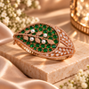 Rose gold premium brass cuff bracelet with coloured zirconia stones, pearl accents and clear stone detailing, available in red, green, champagne and blue variations.