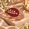 Rose gold premium brass cuff bracelet with coloured zirconia stones, pearl accents and clear stone detailing, available in red, green, champagne and blue variations.