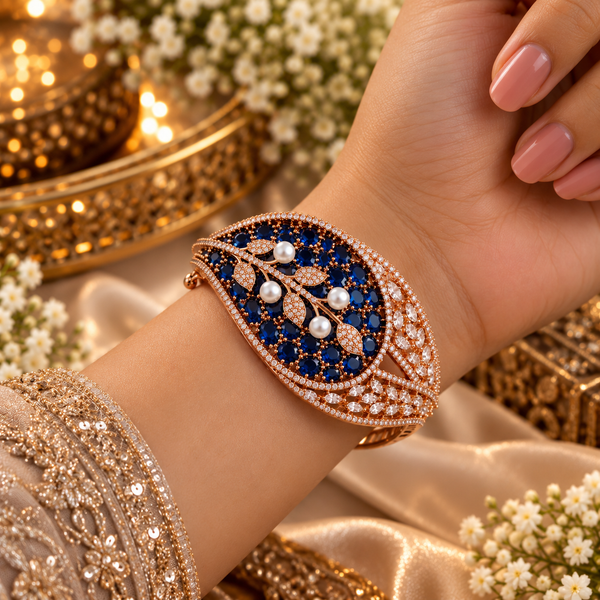 Rose gold premium brass cuff bracelet with coloured zirconia stones, pearl accents and clear stone detailing, available in red, green, champagne and blue variations.
