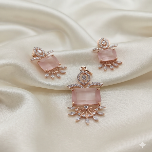 Rose Gold Square Diamond Pendant & Stud Earrings Set | Ammaira Jewelz