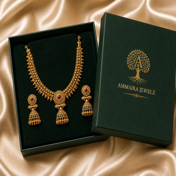Royal Antique Rose Gold Jhumka Necklace Set with Ruby Accent
