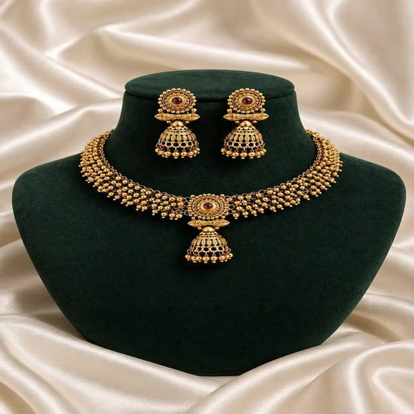 Royal Antique Rose Gold Jhumka Necklace Set with Ruby Accent