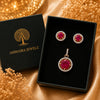 Royal crimson halo pendant with matching American diamond stud earrings in premium gold-tone finish, pendant set without chain.