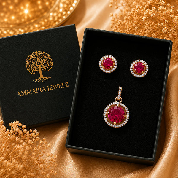 Royal crimson halo pendant with matching American diamond stud earrings in premium gold-tone finish, pendant set without chain.