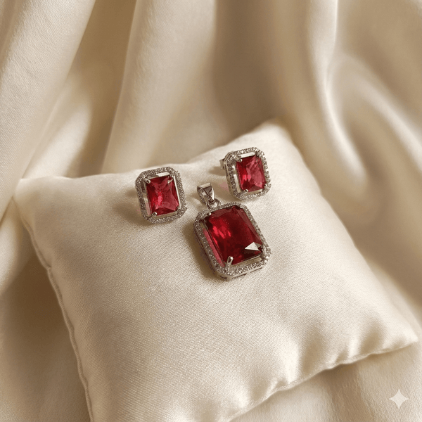 Ruby Red Radiant Cut AD Silver Pendant Set | Ammaira Ammaira Jewelz