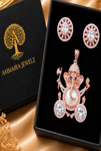 Rose gold Ganesha pendant set with high-quality American Diamond CZ stones and matching earrings for women